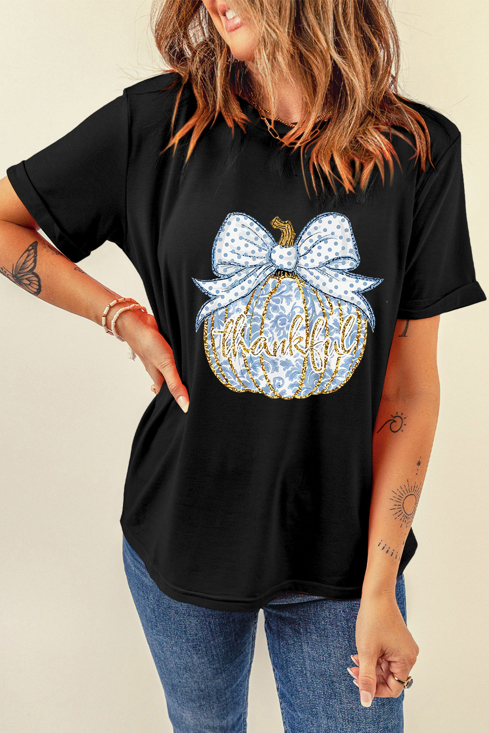 Casual Short Sleeve Round Neck T-Shirt with Thankful Pumpkin and Bow Knot Design - Detail View 6 Casual Short Sleeve Round Neck T-Shirt with Thankful Pumpkin and Bow Knot Design - Detail View 6