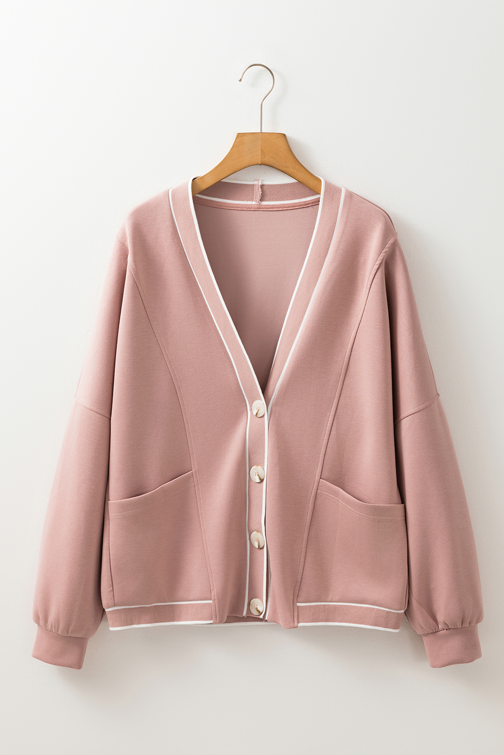 Casual Oversized Pink Stripe Cardigan with V Neck and Side Pockets - Detail View 6 Casual Oversized Pink Stripe Cardigan with V Neck and Side Pockets - Detail View 6