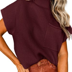 Women's Ribbed Knit Sweater, Mineral Red Short Sleeve Top - Main View