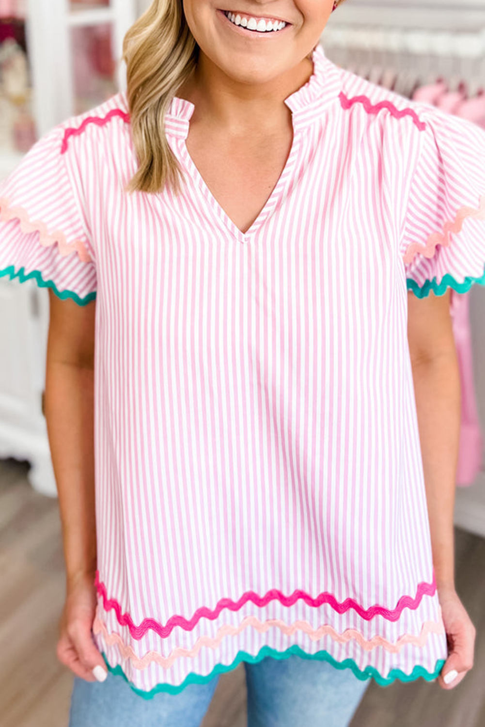 Chic and Whimsical Pink Stripe Split Neck Blouse with Contrasting Binding - Detail View 2 Chic and Whimsical Pink Stripe Split Neck Blouse with Contrasting Binding - Detail View 2