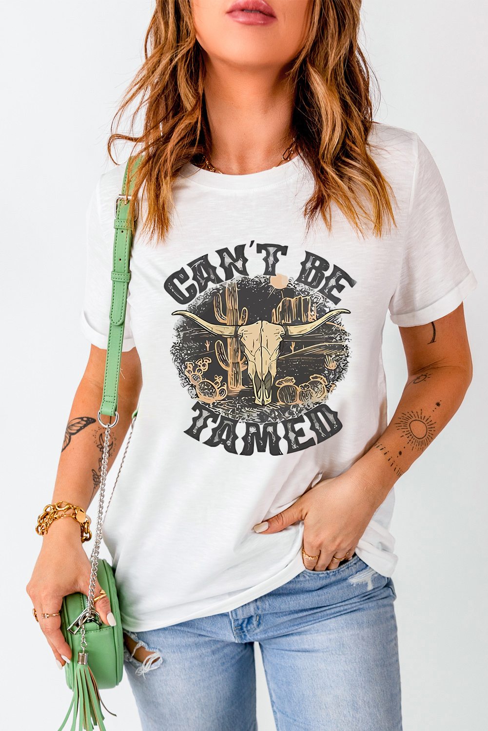 Free-Spirited Western Style Graphic T-Shirt - White Crew Neck - Detail View 3 Free-Spirited Western Style Graphic T-Shirt - White Crew Neck - Detail View 3