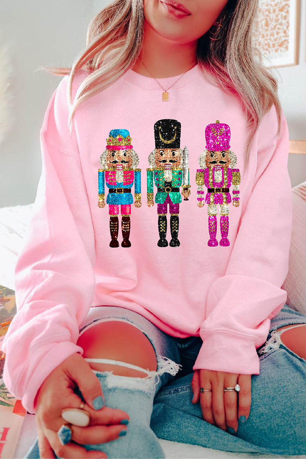 Festive Nutcracker Graphic Sweatshirt, Cozy Long Sleeve Top - Detail View 2 Festive Nutcracker Graphic Sweatshirt, Cozy Long Sleeve Top - Detail View 2