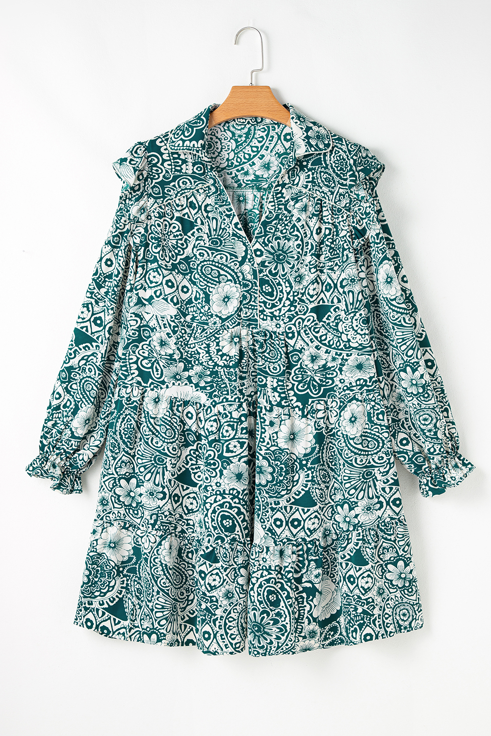 Comfortable and Stylish Plus Size Daily Wear - Green Split Neck Dress with Flounce Sleeves - Detail View 7 Comfortable and Stylish Plus Size Daily Wear - Green Split Neck Dress with Flounce Sleeves - Detail View 7