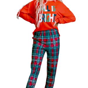 Women's All Is Bright Pajama Set, Festive Red Plaid Loungewear - Main View