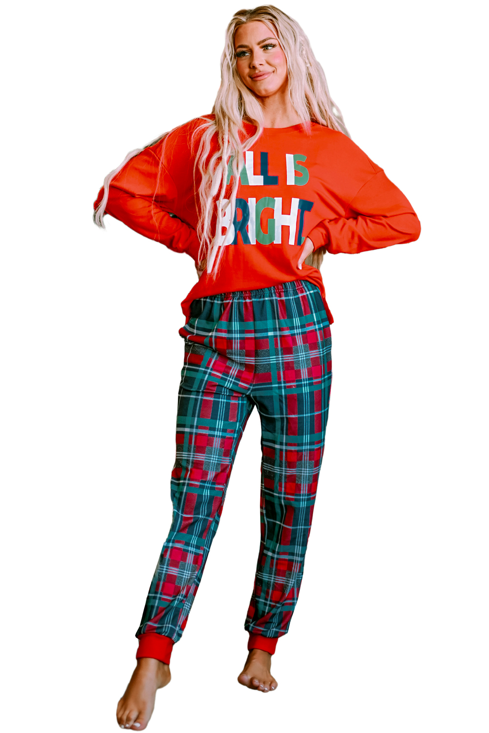 Women's All Is Bright Pajama Set, Festive Red Plaid Loungewear - Main View Women's All Is Bright Pajama Set, Festive Red Plaid Loungewear - Main View