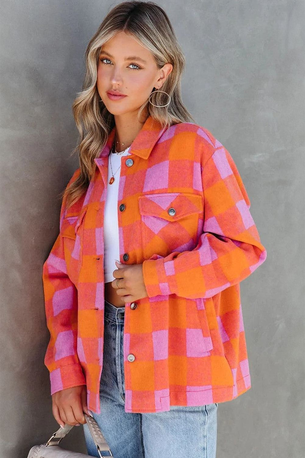 Elevate your daily style with this Women's Orange Plaid Chest Pocket Button-up Turn Down Collar Jacket. The stylish plaid pattern adds a trendy touch to your outfit, while the convenient chest pockets provide functional storage space. The versatile button-up design allows for easy wear and removal, making it perfect for everyday wear. The classic turn-down collar enhances the jacket's sophisticated look, adding a touch of elegance to your overall style. Made from 100% polyester, this jacket is both durable and comfortable. It's a must-have for your wardrobe, offering both style and functionality. - Detail View 4 Elevate your daily style with this Women's Orange Plaid Chest Pocket Button-up Turn Down Collar Jacket. The stylish plaid pattern adds a trendy touch to your outfit, while the convenient chest pockets provide functional storage space. The versatile button-up design allows for easy wear and removal, making it perfect for everyday wear. The classic turn-down collar enhances the jacket's sophisticated look, adding a touch of elegance to your overall style. Made from 100% polyester, this jacket is both durable and comfortable. It's a must-have for your wardrobe, offering both style and functionality. - Detail View 4