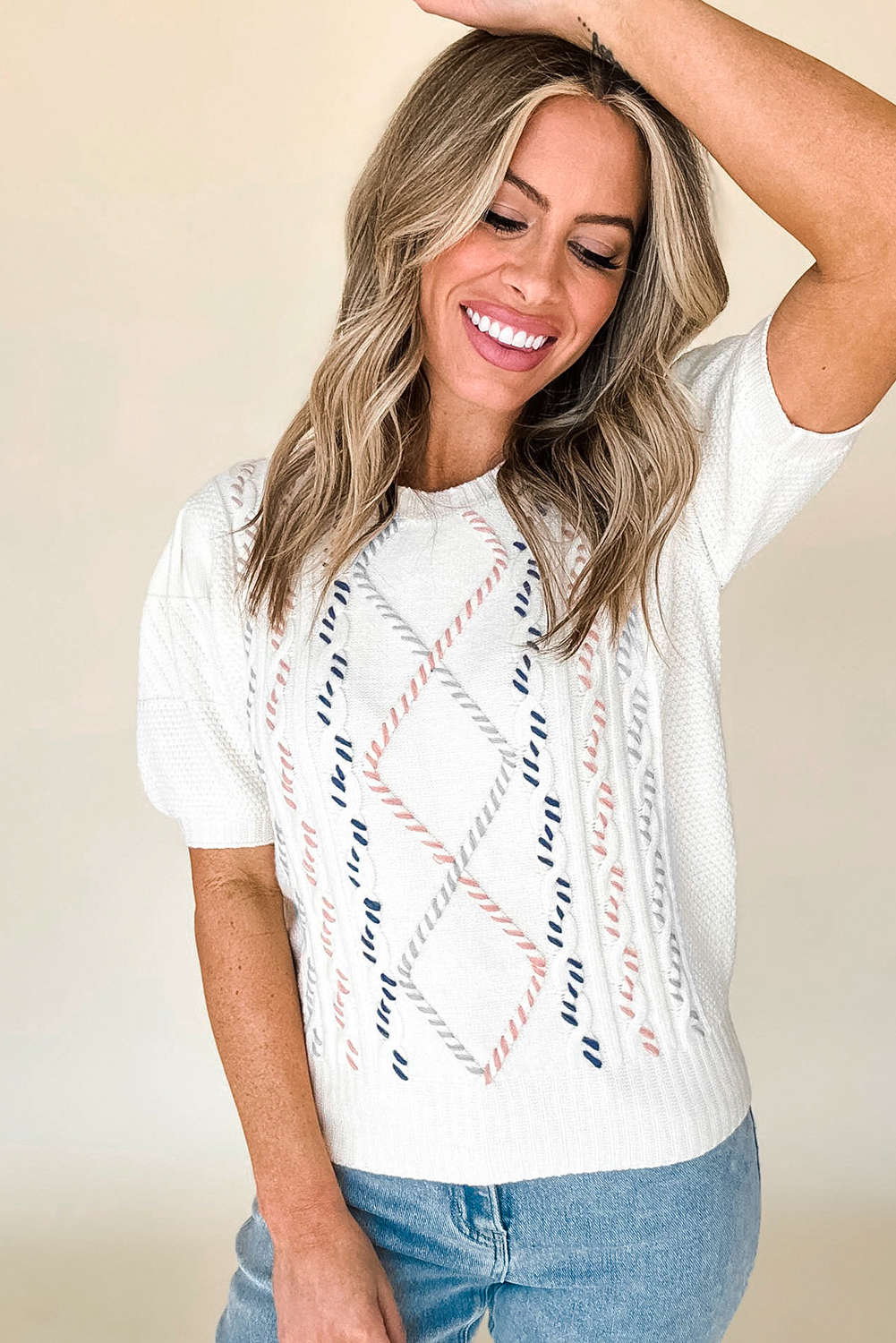 Casual and Dressy Women's Cable Knit Top with Abstract Stitching - Detail View 3 Casual and Dressy Women's Cable Knit Top with Abstract Stitching - Detail View 3
