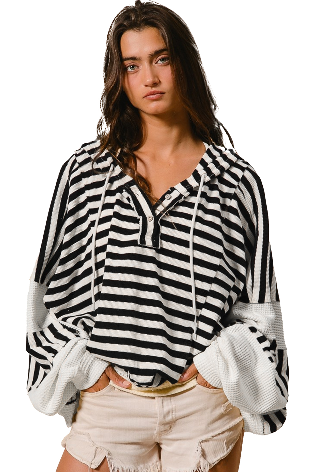 Cozy and Stylish Black White Striped Long Sleeve Hoodie - Adjustable Button Neckline - Detail View 6 Cozy and Stylish Black White Striped Long Sleeve Hoodie - Adjustable Button Neckline - Detail View 6