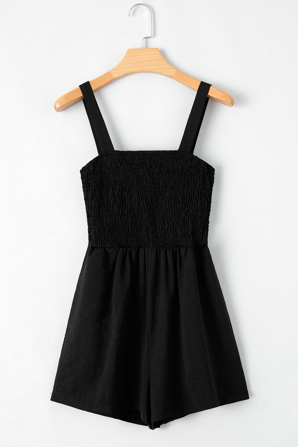 Women's Smocked Romper, Casual Sleeveless Black Summer Playsuit - Detail View 4 Women's Smocked Romper, Casual Sleeveless Black Summer Playsuit - Detail View 4