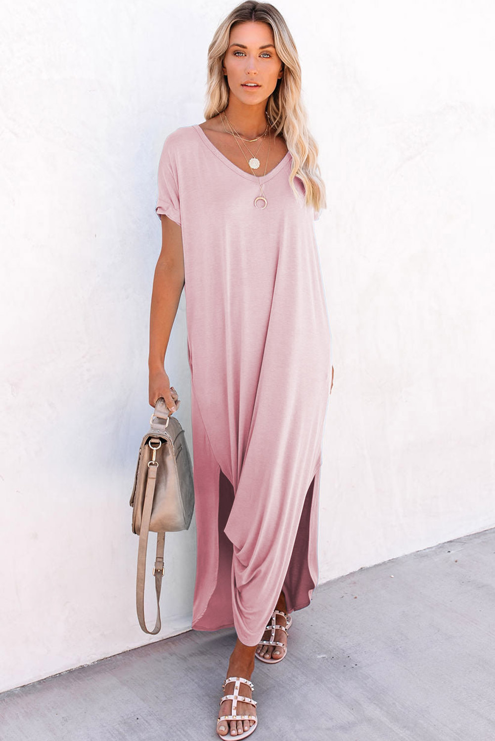 Women's Pink Maxi Dress, Casual V Neck Short Sleeve T-Shirt - Detail View 4 Women's Pink Maxi Dress, Casual V Neck Short Sleeve T-Shirt - Detail View 4