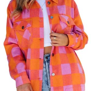 Women's Orange Plaid Chest Pocket Button-up Turn Down Collar Jacket - Main View