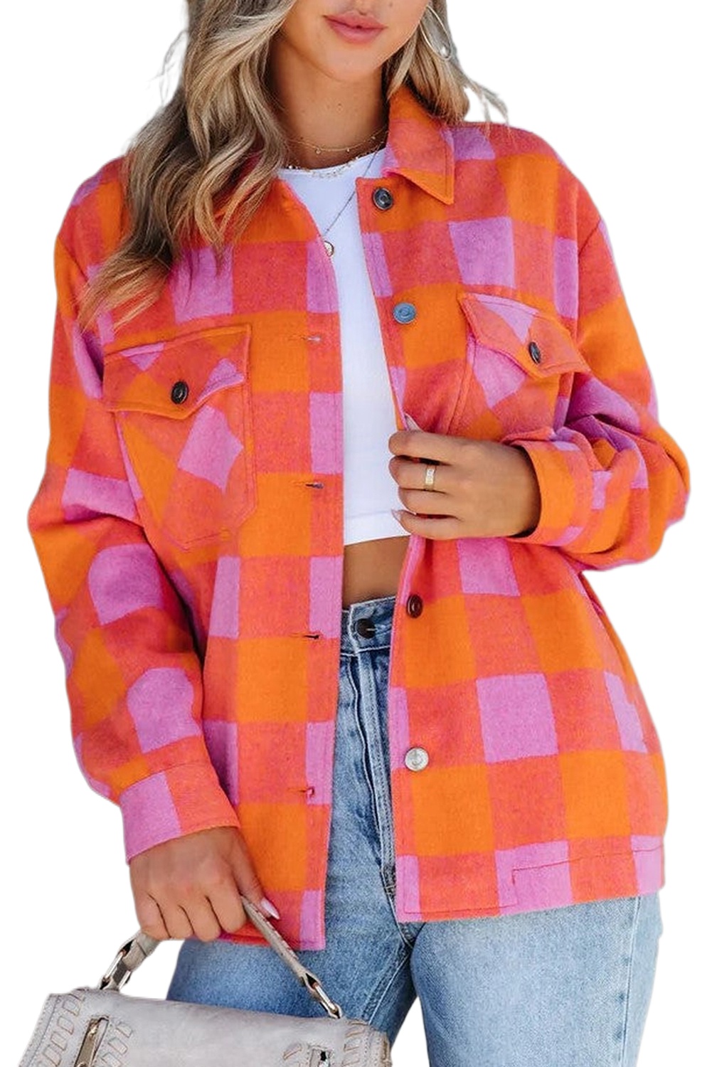 Women's Orange Plaid Chest Pocket Button-up Turn Down Collar Jacket - Main View Women's Orange Plaid Chest Pocket Button-up Turn Down Collar Jacket - Main View