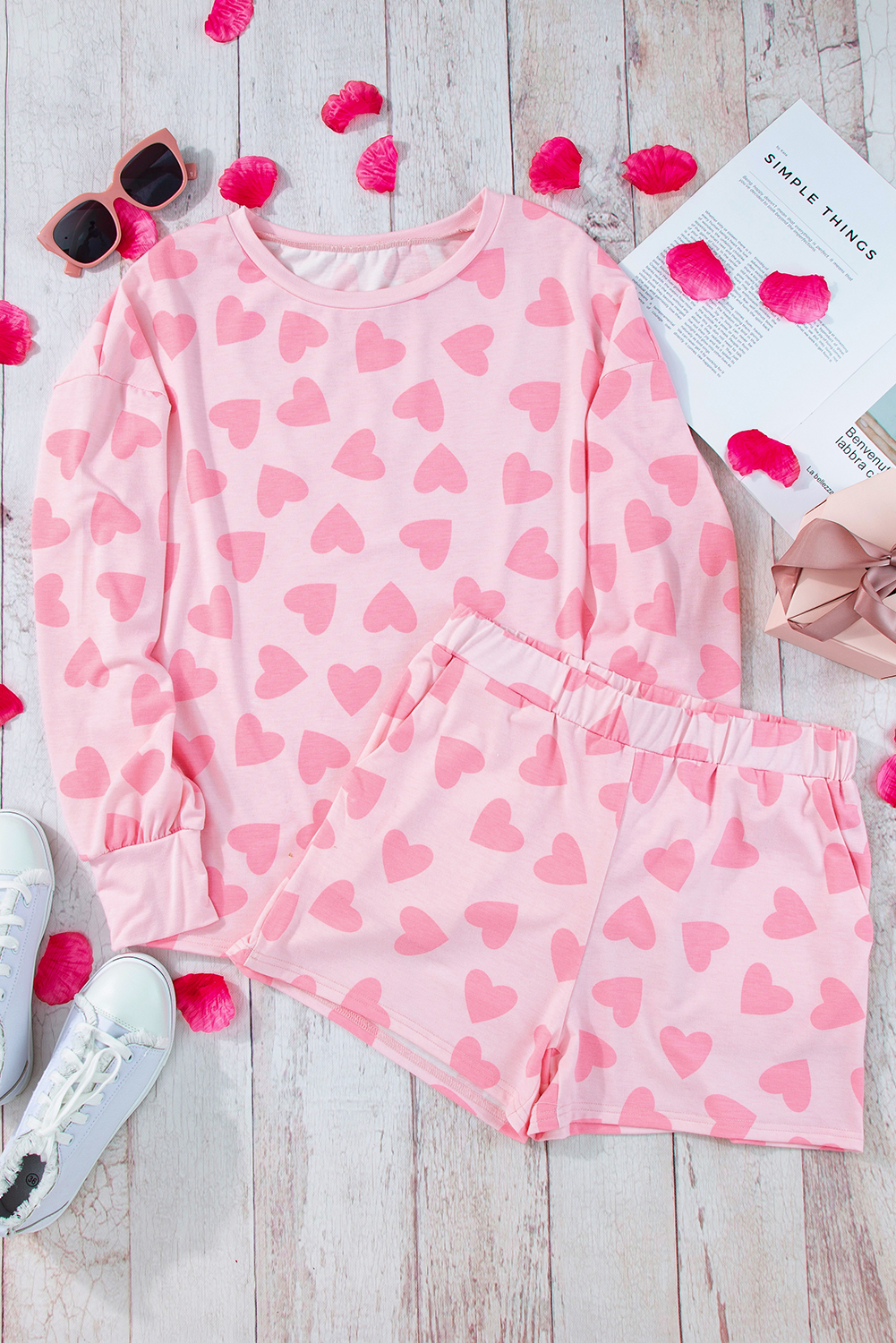 Women's Heart Print Lounge Set, Long Sleeve Top and Shorts - Detail View 4 Women's Heart Print Lounge Set, Long Sleeve Top and Shorts - Detail View 4