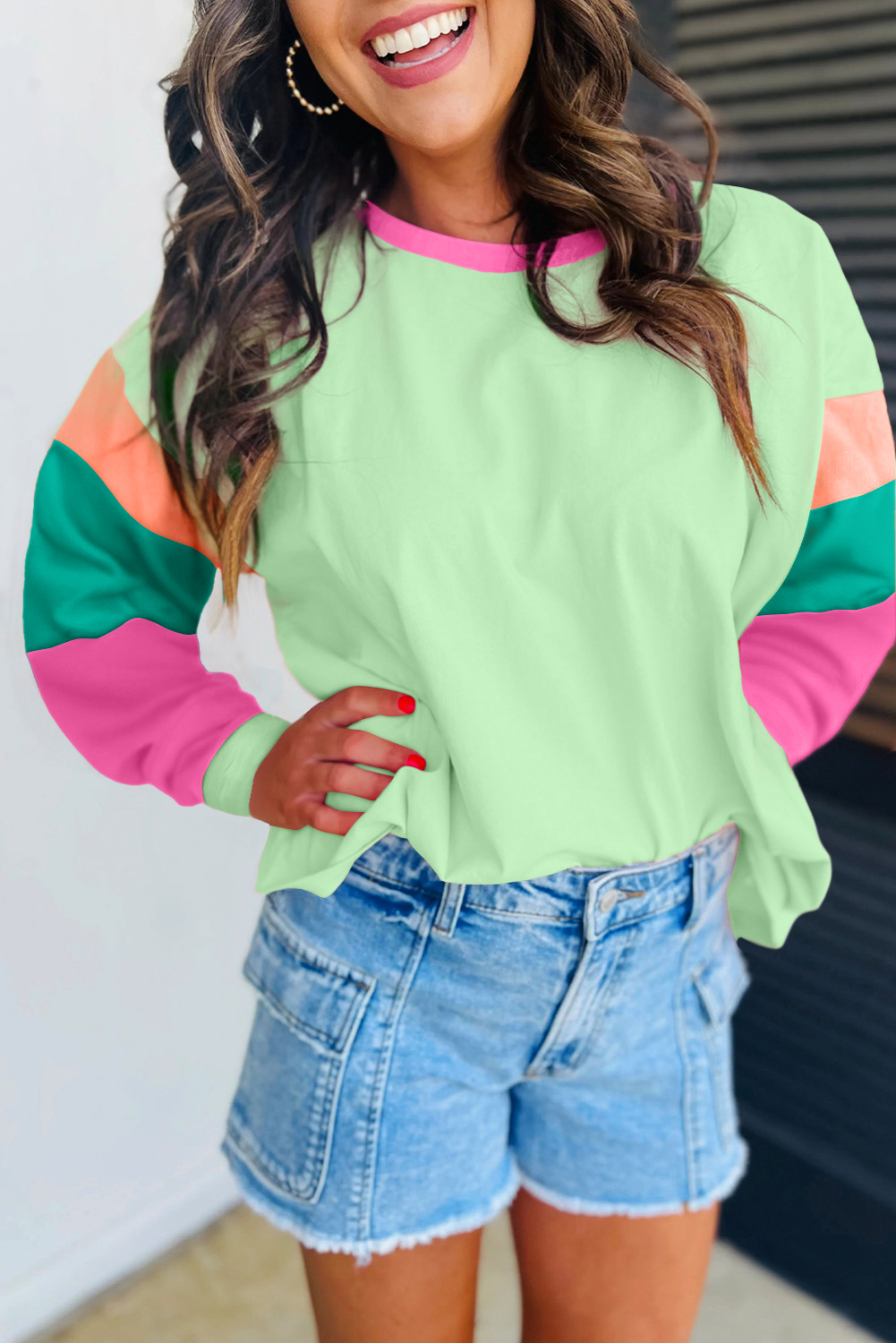 Versatile Round Neck Top: Green Colorblock Patchwork Design - Detail View 2 Versatile Round Neck Top: Green Colorblock Patchwork Design - Detail View 2