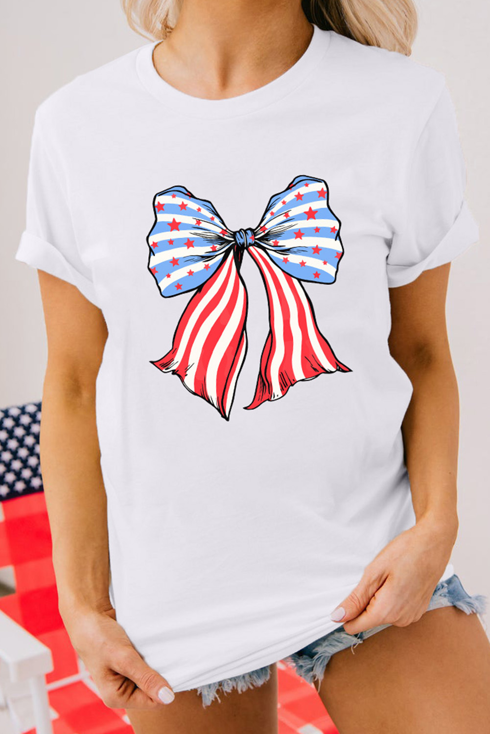 Women's White Stripes and Stars Bowknot Print T-Shirt - Detail View 6 Women's White Stripes and Stars Bowknot Print T-Shirt - Detail View 6