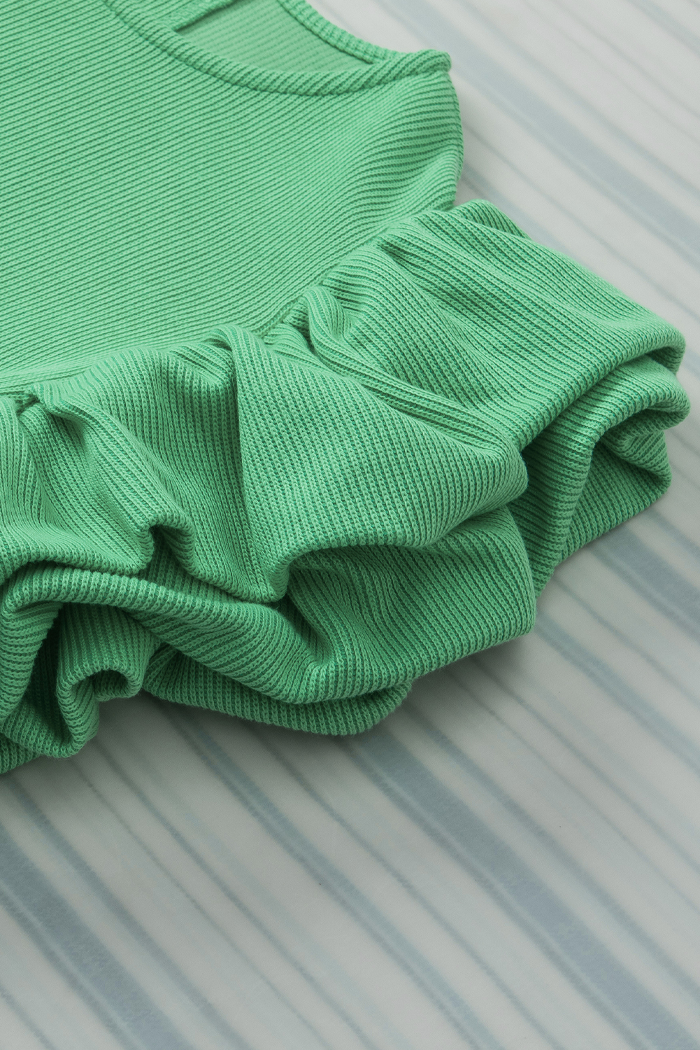 Green Round Neck Knit Top, Summer Ruffle Sleeve Blouse - Detail View 8 Green Round Neck Knit Top, Summer Ruffle Sleeve Blouse - Detail View 8