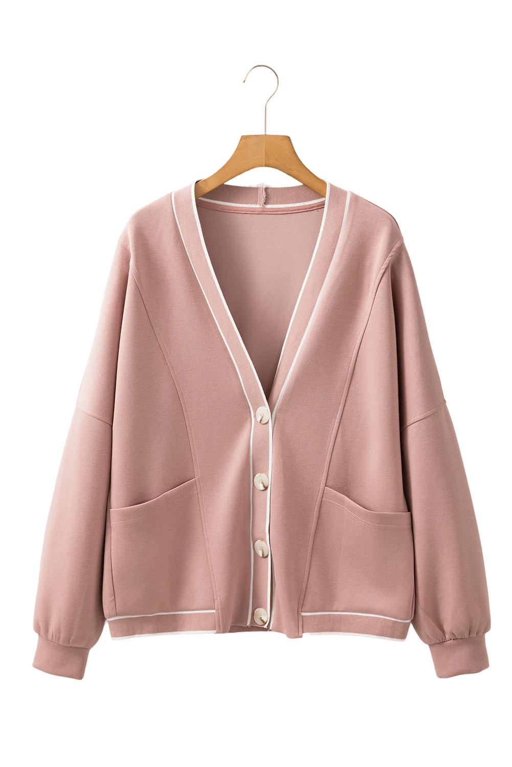 Women's Pink Stripe Contrast Trim V Neck Buttoned Front Pocketed Knit Cardigan - Detail View 13 Women's Pink Stripe Contrast Trim V Neck Buttoned Front Pocketed Knit Cardigan - Detail View 13
