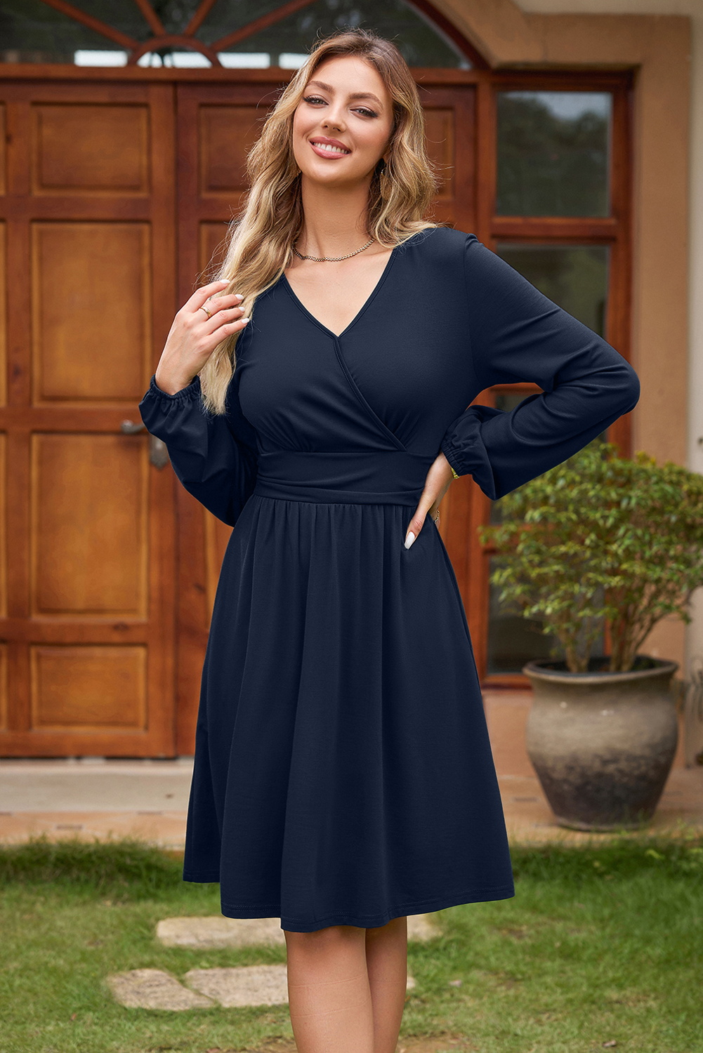 Elegant Autumn Mini Dress, Soft V Neck Long Sleeve Silhouette - Detail View 6 Elegant Autumn Mini Dress, Soft V Neck Long Sleeve Silhouette - Detail View 6