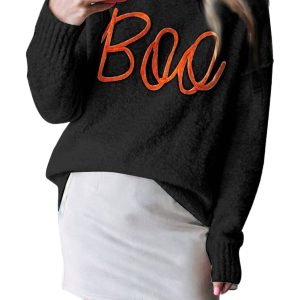 Women's Black Boo Knitted Long Sleeve Sweater with Ribbed Edge - Main View