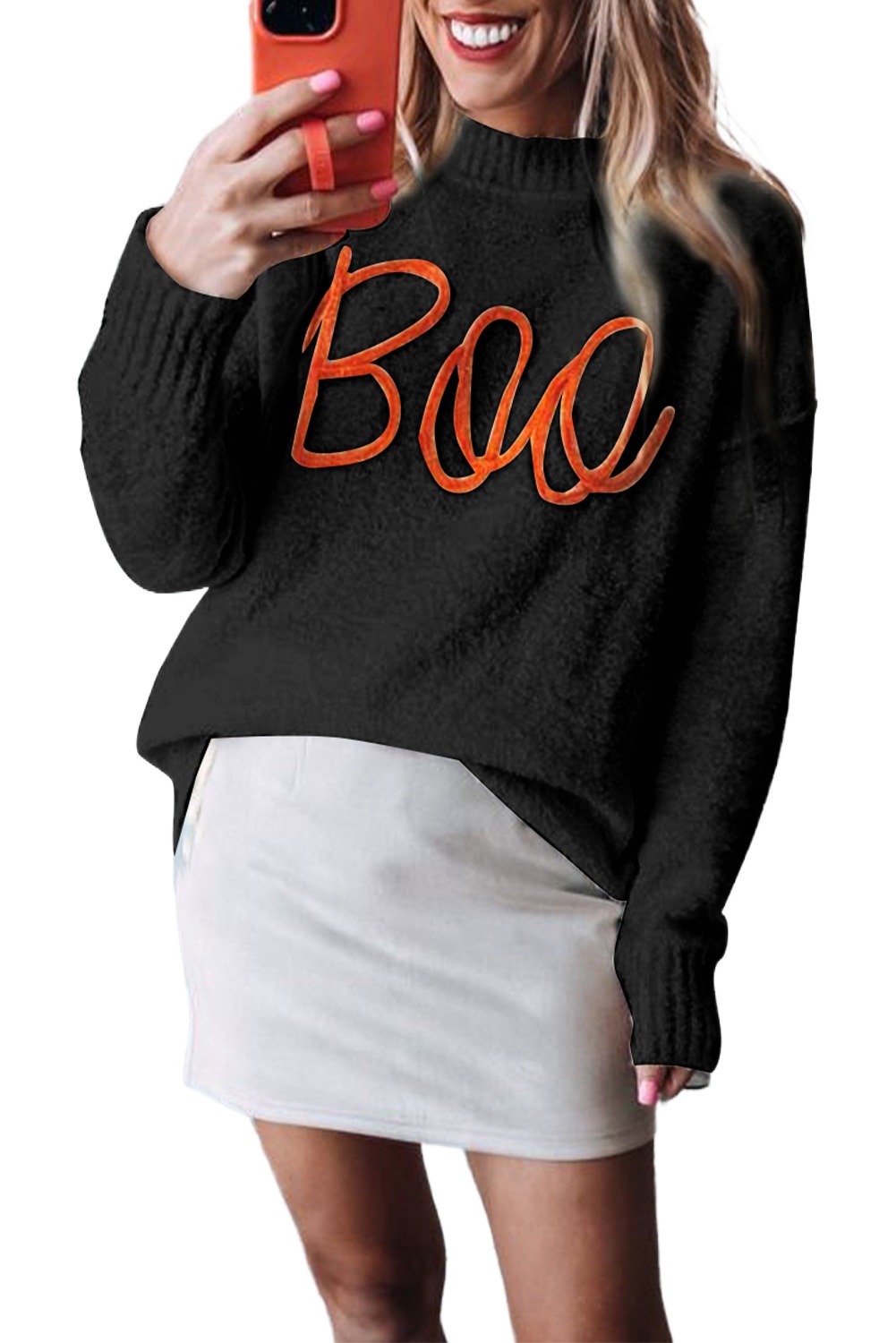 Women's Black Boo Knitted Long Sleeve Sweater with Ribbed Edge - Main View Women's Black Boo Knitted Long Sleeve Sweater with Ribbed Edge - Main View