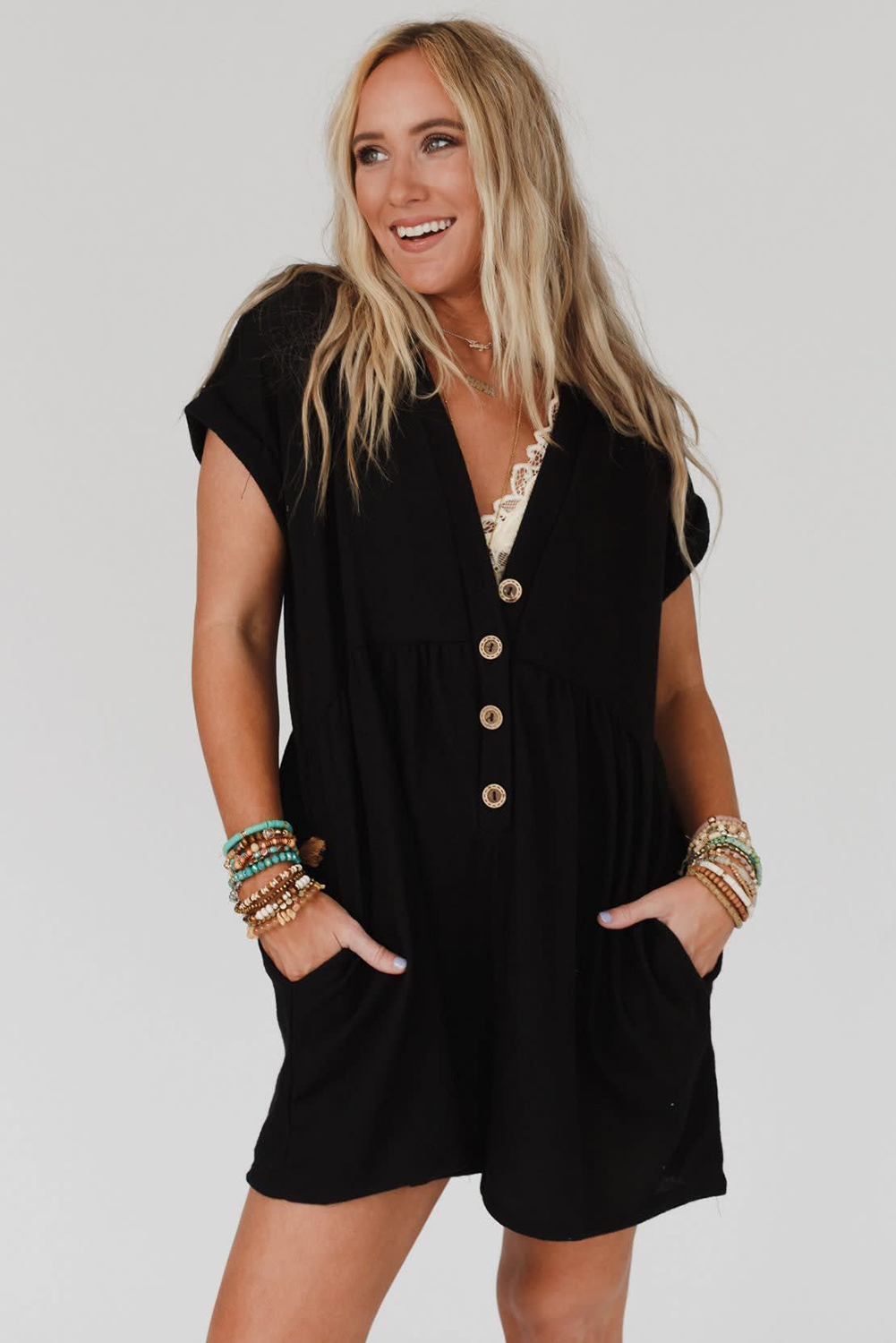 Women's Casual Button Up Romper, Comfortable Pocketed Shorts - Detail View 6 Women's Casual Button Up Romper, Comfortable Pocketed Shorts - Detail View 6