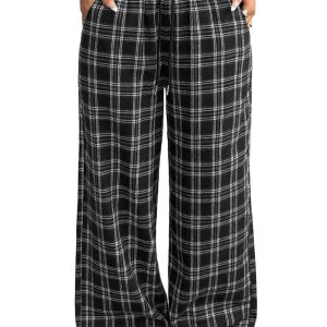 Women's Plaid Wide Leg Pants, Casual Daily Trousers - Main View