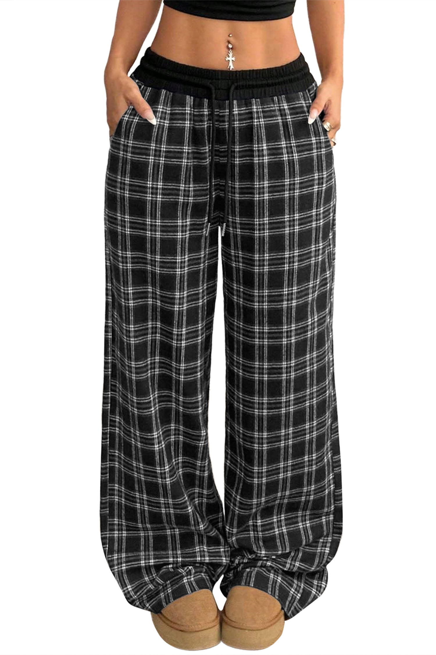 Women's Plaid Wide Leg Pants, Casual Daily Trousers - Main View Women's Plaid Wide Leg Pants, Casual Daily Trousers - Main View