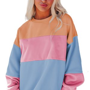 Women's Sky Blue Colorblock Patchwork Drop Shoulder Sweatshirt - Main View