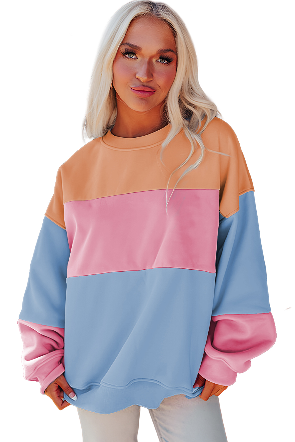 Women's Sky Blue Colorblock Patchwork Drop Shoulder Sweatshirt - Main View Women's Sky Blue Colorblock Patchwork Drop Shoulder Sweatshirt - Main View
