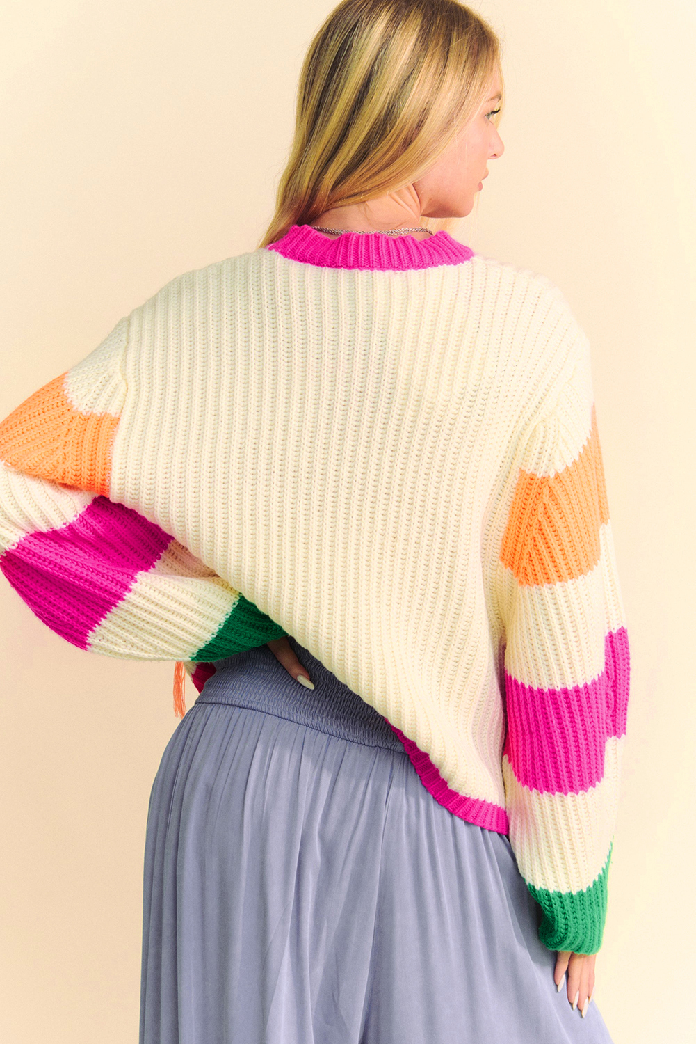 Chic and Cozy Beige Cable Knit Sweater with Floral Colorblock Design - Detail View 2 Chic and Cozy Beige Cable Knit Sweater with Floral Colorblock Design - Detail View 2