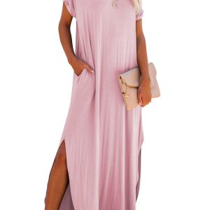 Women's Pink Maxi Dress, Casual V Neck Short Sleeve T-Shirt - Main View