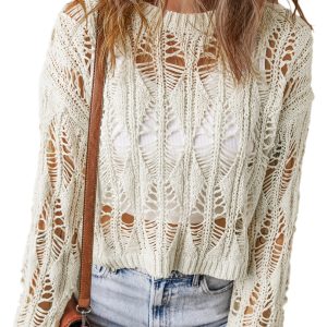 Women's White Cut Out Crochet Crew Neck Loose Fit Sweater - Main View