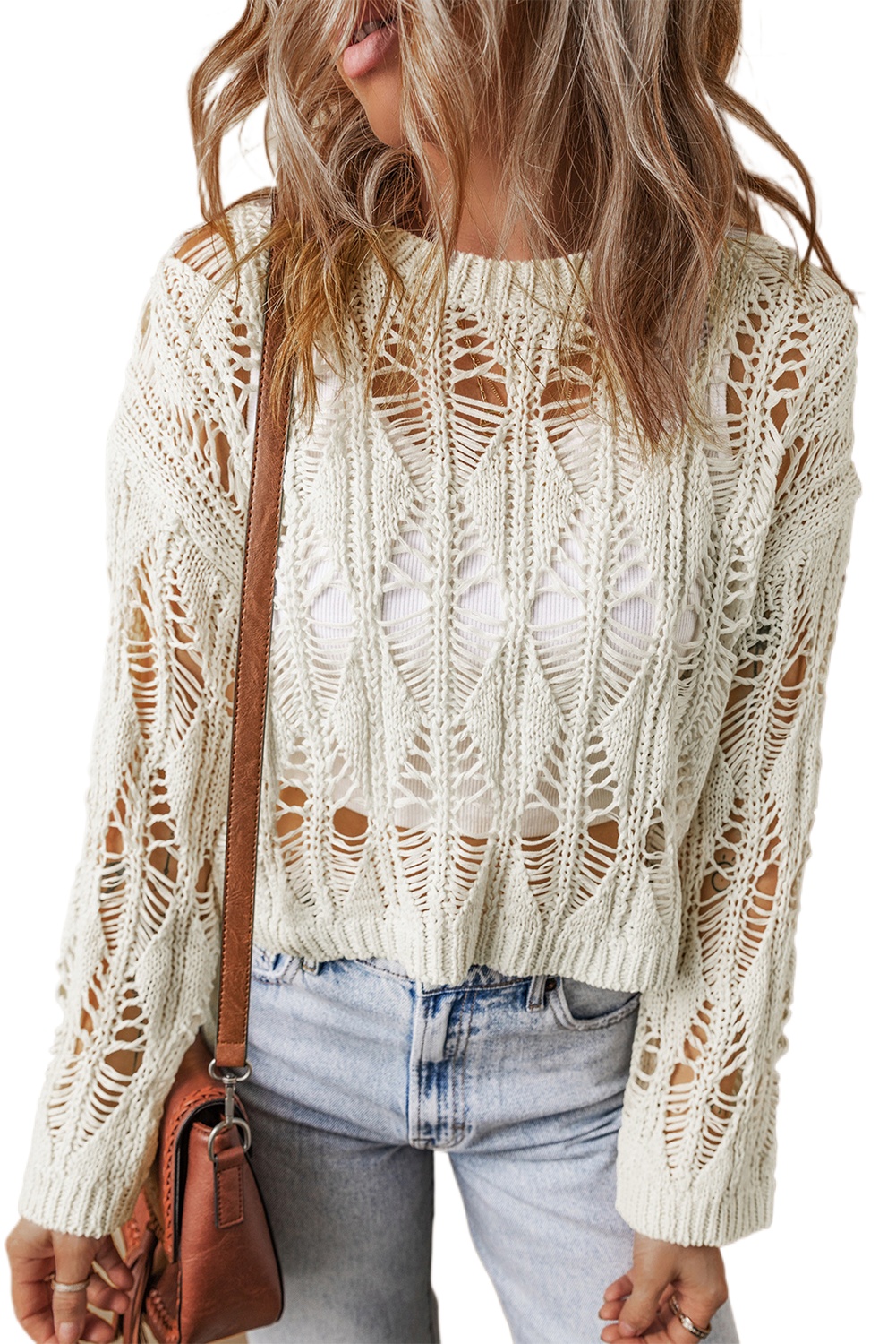 Women's White Cut Out Crochet Crew Neck Loose Fit Sweater - Main View Women's White Cut Out Crochet Crew Neck Loose Fit Sweater - Main View