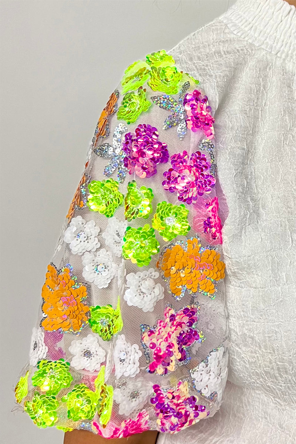 Elegant Short Sleeve Blouse: White Sequined with Smocked Collar - Detail View 2 Elegant Short Sleeve Blouse: White Sequined with Smocked Collar - Detail View 2