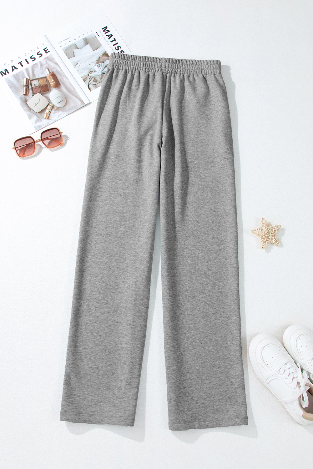 Women's Light Grey Solid Color Fleece Lined Drawstring Waist Casual Pants - Detail View 6 Women's Light Grey Solid Color Fleece Lined Drawstring Waist Casual Pants - Detail View 6