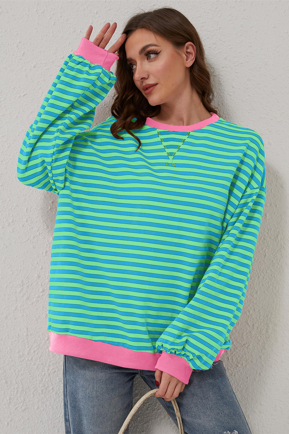 Casual Long Sleeve Sweatshirt: Sky Blue Stripe with Contrast Trim - Detail View 7 Casual Long Sleeve Sweatshirt: Sky Blue Stripe with Contrast Trim - Detail View 7