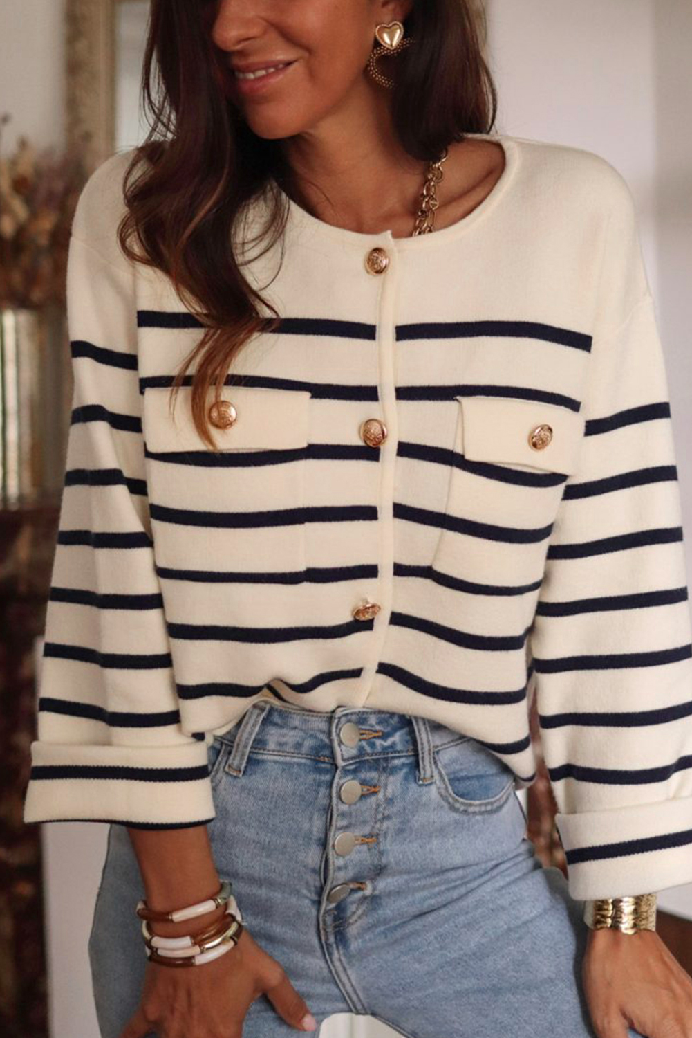 Timeless and Versatile Black Stripe Cardigan with Adjustable Fit and Pocket details - Detail View 8 Timeless and Versatile Black Stripe Cardigan with Adjustable Fit and Pocket details - Detail View 8