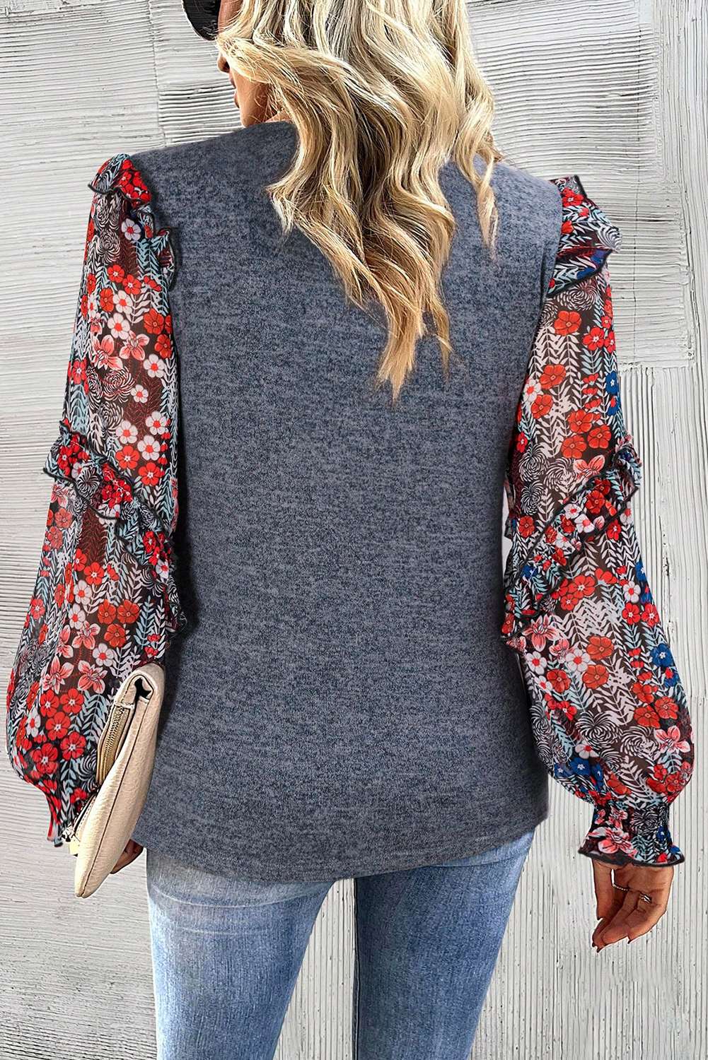 Feminine and Romantic Long Sleeve Blouse with Crew Neck - Blue Floral Pattern - Detail View 3 Feminine and Romantic Long Sleeve Blouse with Crew Neck - Blue Floral Pattern - Detail View 3