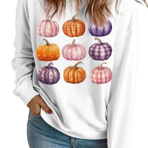Women's Beige Halloween Pumpkin Graphic Pullover Sweatshirt - Main View