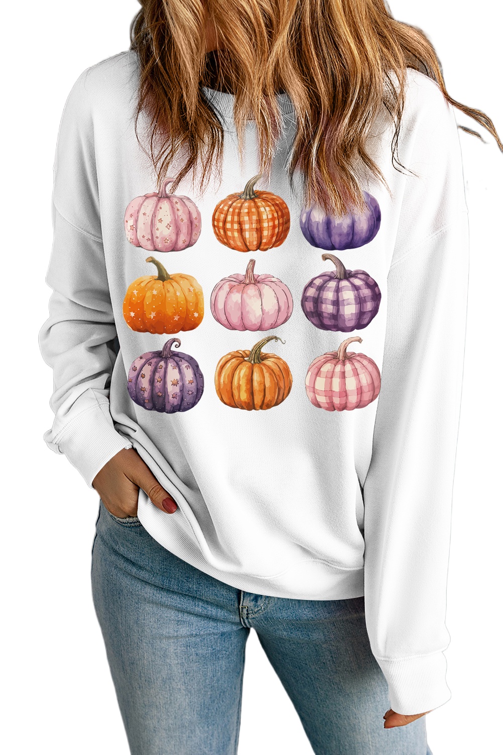 Women's Beige Halloween Pumpkin Graphic Pullover Sweatshirt - Main View Women's Beige Halloween Pumpkin Graphic Pullover Sweatshirt - Main View