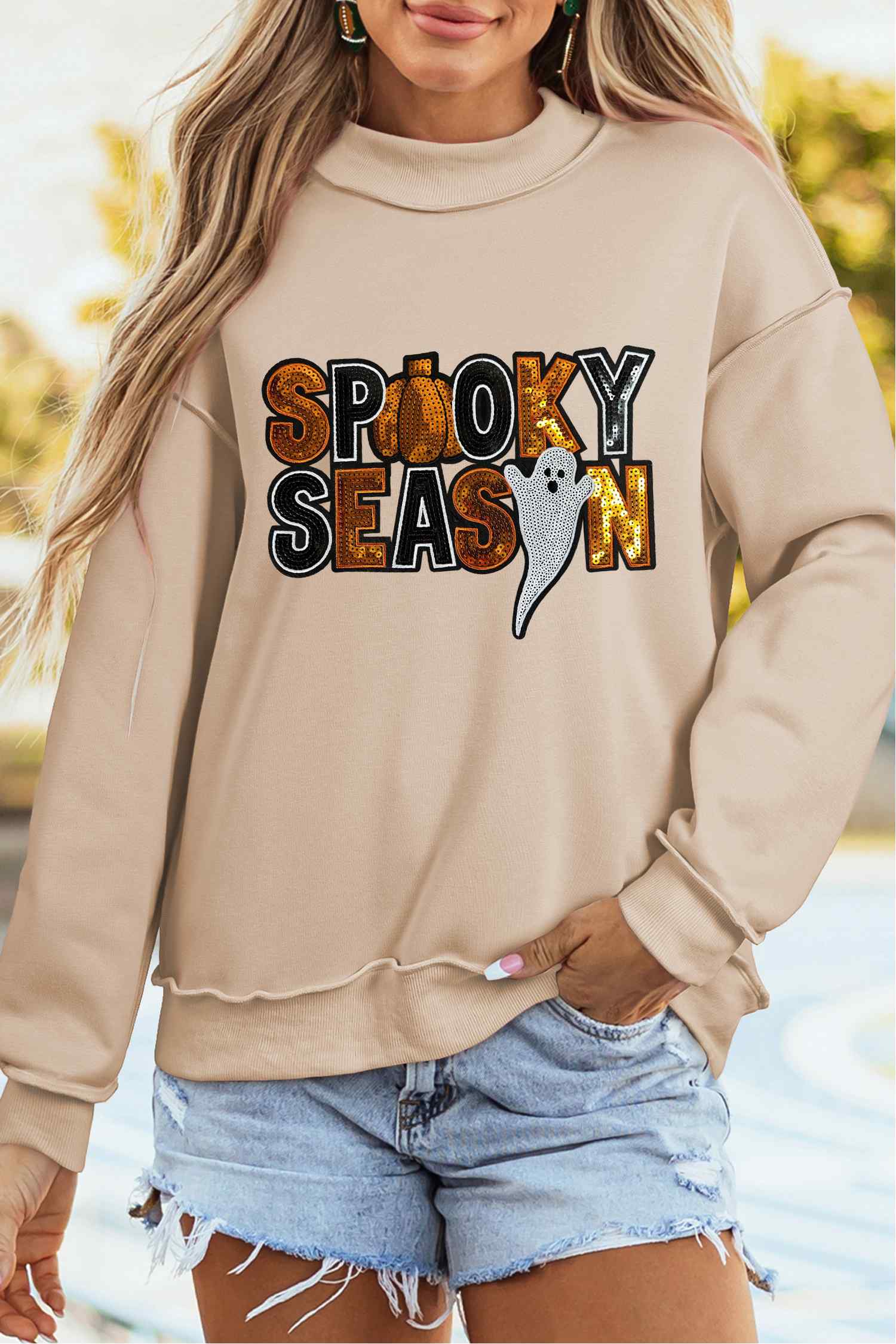 Apricot Mock Neck Pullover, Women's Sequin Halloween Apparel - Detail View 6 Apricot Mock Neck Pullover, Women's Sequin Halloween Apparel - Detail View 6