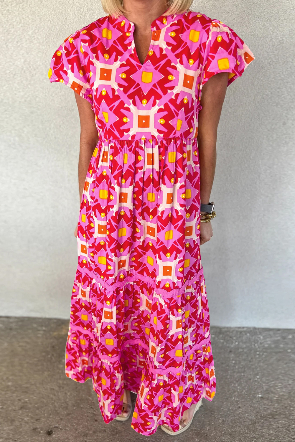 Strawberry Pink Boho Chic Long Sleeveless Maxi Dress with Zipper Details - Detail View 2 Strawberry Pink Boho Chic Long Sleeveless Maxi Dress with Zipper Details - Detail View 2