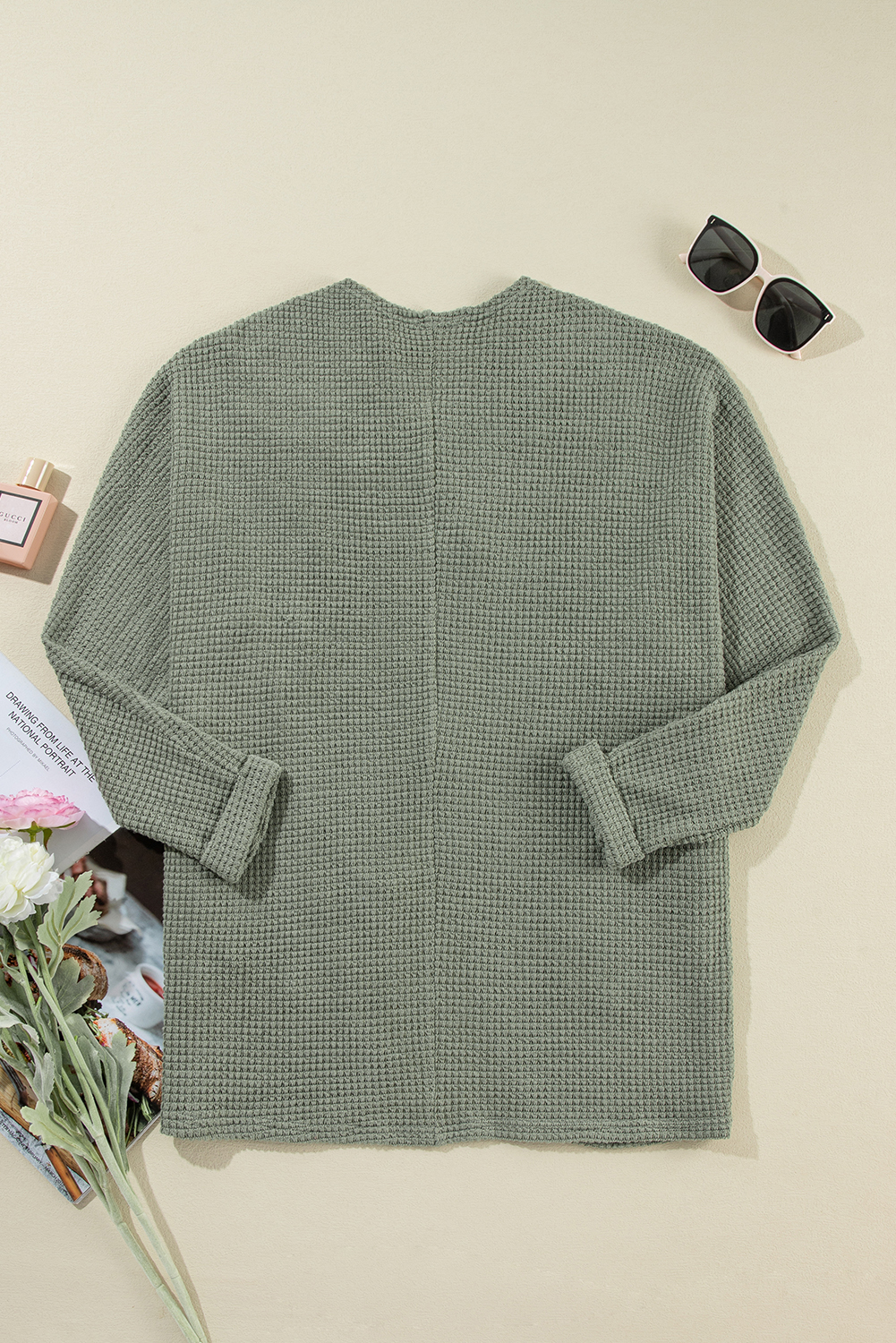 Soft Waffle Knit Cardigan - Versatile Laurel Green - Detail View 7 Soft Waffle Knit Cardigan - Versatile Laurel Green - Detail View 7