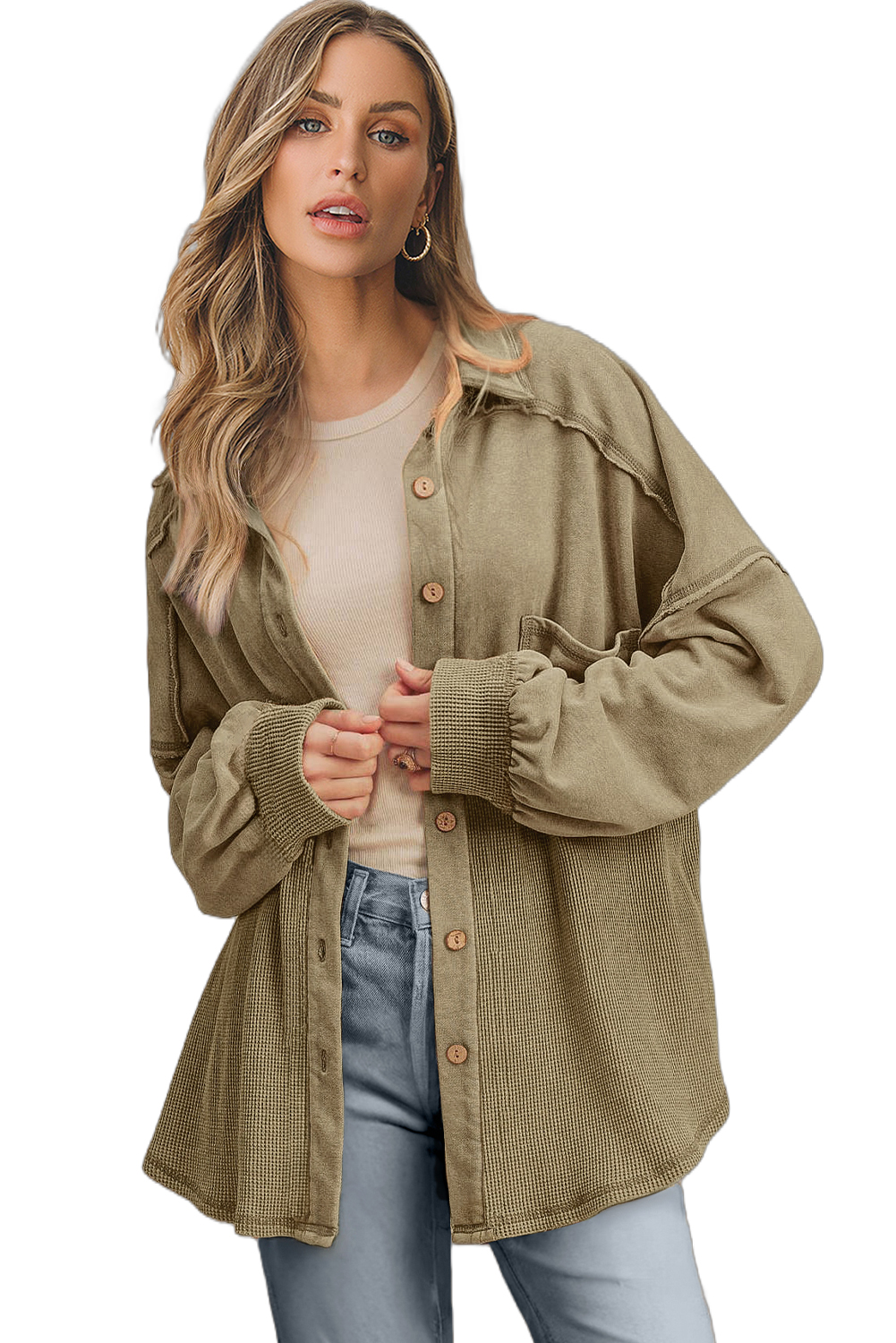 Women's Oversized Moss Green Patchwork Buttoned Waffle Knit Shacket - Detail View 6 Women's Oversized Moss Green Patchwork Buttoned Waffle Knit Shacket - Detail View 6