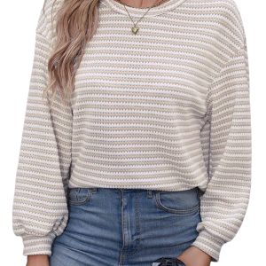 Women's Khaki Stripe Drop Shoulder Long Sleeve Top - Main View