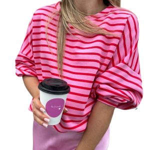 Women's Sachet Pink Striped Print Crew Neck Drop Shoulder Sweatshirt - Main View