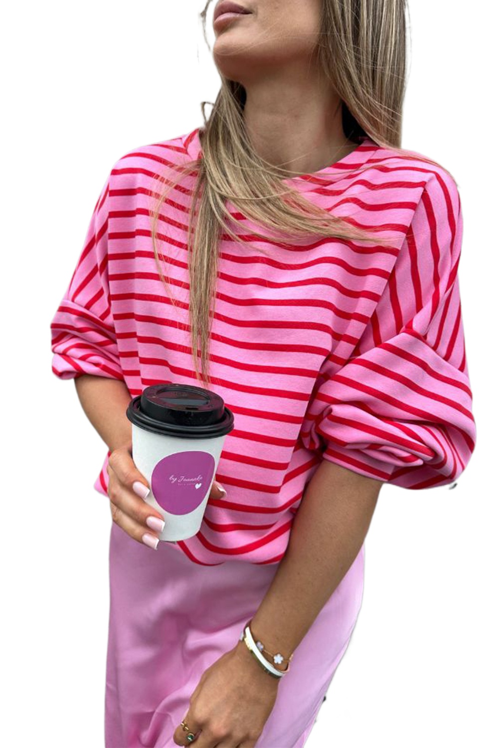 Women's Sachet Pink Striped Print Crew Neck Drop Shoulder Sweatshirt - Main View Women's Sachet Pink Striped Print Crew Neck Drop Shoulder Sweatshirt - Main View