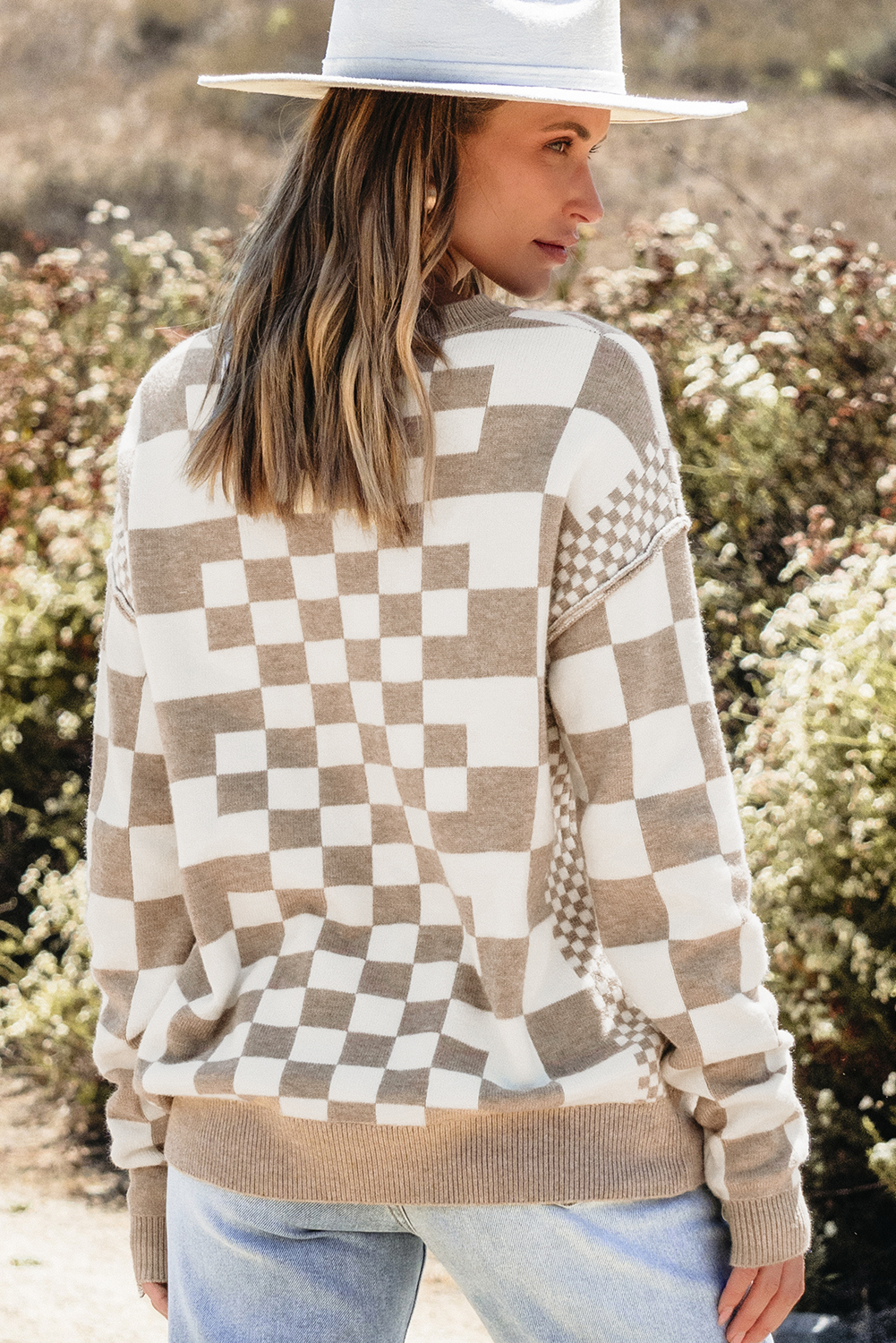 Women's Plaid Print Drop Shoulder Sweater, Cozy Round Neck - Detail View 2 Women's Plaid Print Drop Shoulder Sweater, Cozy Round Neck - Detail View 2