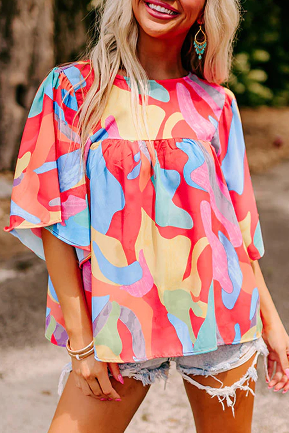 Flowy Short Sleeve Blouse, Abstract Pattern Casual Shirt - Detail View 9 Flowy Short Sleeve Blouse, Abstract Pattern Casual Shirt - Detail View 9