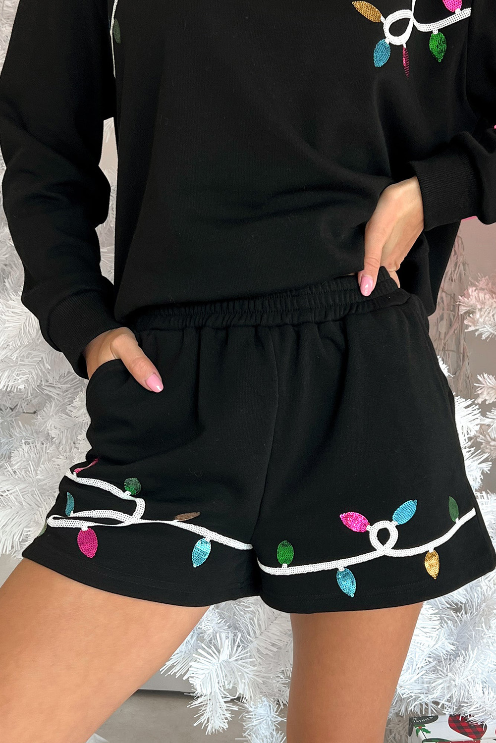 Women's Christmas Outfit, Black Sequins, Merry Graphic, Pullover and Shorts, Casual, Cozy, Comfortable, Festive, Glamorous, Holiday Wear, Two-Piece Set, Long Sleeves, High-Waisted Shorts, Day Wear, Vacation Outfit, Tops & Shorts - Detail View 10 Women's Christmas Outfit, Black Sequins, Merry Graphic, Pullover and Shorts, Casual, Cozy, Comfortable, Festive, Glamorous, Holiday Wear, Two-Piece Set, Long Sleeves, High-Waisted Shorts, Day Wear, Vacation Outfit, Tops & Shorts - Detail View 10